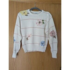 JH Collectibles Vintage Granny Sweater Flowers Cream & Pink Stripes Size M
